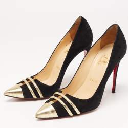 Pre Owned Christian Louboutin Black/Gold Suede and Leather Front Double Pumps Size 38.5