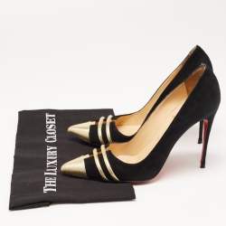 Pre Owned Christian Louboutin Black/Gold Suede and Leather Front Double Pumps Size 38.5