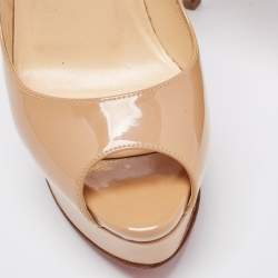 Pre Owned Christian Louboutin Beige Patent Leather Lady Peep Platform Pumps Size 36.5