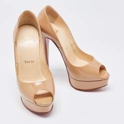 Pre Owned Christian Louboutin Beige Patent Leather Lady Peep Platform Pumps Size 36.5
