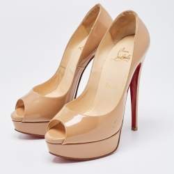 Pre Owned Christian Louboutin Beige Patent Leather Lady Peep Platform Pumps Size 36.5