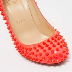 Pre Owned Christian Louboutin Neon Orange Patent Leather Fifi Spikes Pumps Size 39