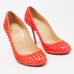 Pre Owned Christian Louboutin Neon Orange Patent Leather Fifi Spikes Pumps Size 39