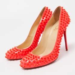 Pre Owned Christian Louboutin Neon Orange Patent Leather Fifi Spikes Pumps Size 39