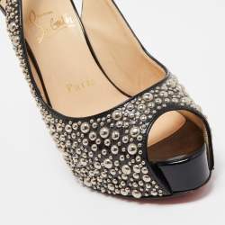 Pre Owned Christian Louboutin Black Studded Patent Leather Star Prive Peep Toe Slingback Sandals Size 36