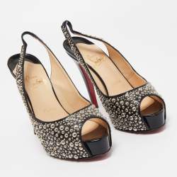 Pre Owned Christian Louboutin Black Studded Patent Leather Star Prive Peep Toe Slingback Sandals Size 36