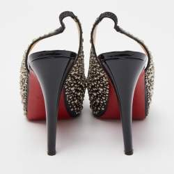 Pre Owned Christian Louboutin Black Studded Patent Leather Star Prive Peep Toe Slingback Sandals Size 36