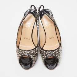 Pre Owned Christian Louboutin Black Studded Patent Leather Star Prive Peep Toe Slingback Sandals Size 36