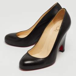 Pre Owned Christian Louboutin Black Leather Simple  Wedge Pumps Size 38.5