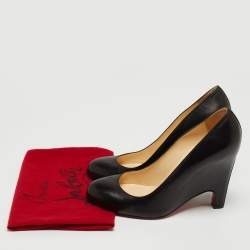 Pre Owned Christian Louboutin Black Leather Simple  Wedge Pumps Size 38.5