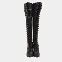 Pre Owned Christian Louboutin Black Leather Knee Length Boots Size 40