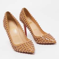 Pre Owned Christian Louboutin Beige Patent Leather Pigalle Spikes Pumps Size 37