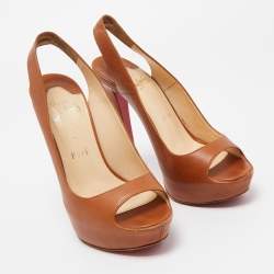 مملوكة مسبقًا Christian Louboutin Brown Leather Peep Toe Platform Slingback Sandals Size 37
