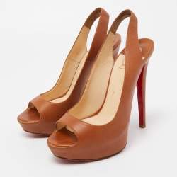 مملوكة مسبقًا Christian Louboutin Brown Leather Peep Toe Platform Slingback Sandals Size 37