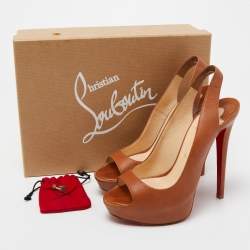 مملوكة مسبقًا Christian Louboutin Brown Leather Peep Toe Platform Slingback Sandals Size 37
