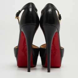 Pre Owned Christian Louboutin Black Leather T-Bar Peep Toe Platform Sandals Size 36