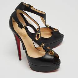 Pre Owned Christian Louboutin Black Leather T-Bar Peep Toe Platform Sandals Size 36