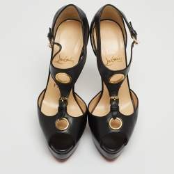 Pre Owned Christian Louboutin Black Leather T-Bar Peep Toe Platform Sandals Size 36