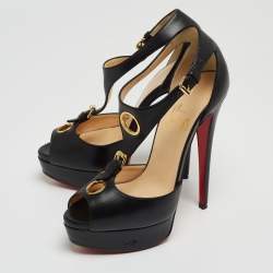 Pre Owned Christian Louboutin Black Leather T-Bar Peep Toe Platform Sandals Size 36