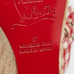 Pre Owned Christian Louboutin Red/White Gingham Fabric Menorca Espadrille Wedge Pumps Size 37