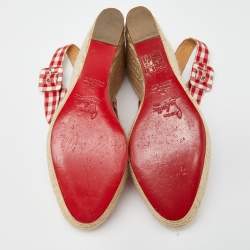 Pre Owned Christian Louboutin Red/White Gingham Fabric Menorca Espadrille Wedge Pumps Size 37