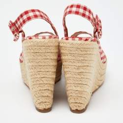 Pre Owned Christian Louboutin Red/White Gingham Fabric Menorca Espadrille Wedge Pumps Size 37