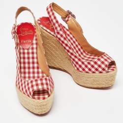 Pre Owned Christian Louboutin Red/White Gingham Fabric Menorca Espadrille Wedge Pumps Size 37