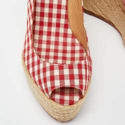 Pre Owned Christian Louboutin Red/White Gingham Fabric Menorca Espadrille Wedge Pumps Size 37