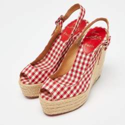 Pre Owned Christian Louboutin Red/White Gingham Fabric Menorca Espadrille Wedge Pumps Size 37