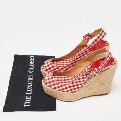 Pre Owned Christian Louboutin Red/White Gingham Fabric Menorca Espadrille Wedge Pumps Size 37