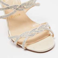Christian Louboutin Cream Satin Crystal Embellished Ankle Strap Sandals Size 37