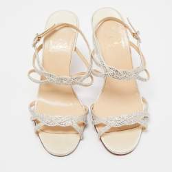 Christian Louboutin Cream Satin Crystal Embellished Ankle Strap Sandals Size 37