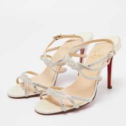 Christian Louboutin Cream Satin Crystal Embellished Ankle Strap Sandals Size 37