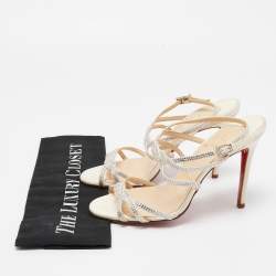 Christian Louboutin Cream Satin Crystal Embellished Ankle Strap Sandals Size 37