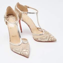 Pre Owned Christian Louboutin Beige Patent and Mesh Mrs.Early  Pumps Size 38.5