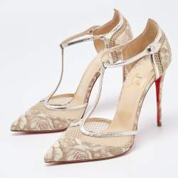 Pre Owned Christian Louboutin Beige Patent and Mesh Mrs.Early  Pumps Size 38.5