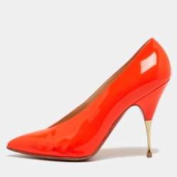 Pre Owned Christian Louboutin Neon Orange Patent Leather Lola Pumps Size 38