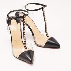 Pre Owned Christian Louboutin Black Leather and PVC Nosy Spikes Sandals Size 38.5