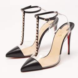 Pre Owned Christian Louboutin Black Leather and PVC Nosy Spikes Sandals Size 38.5