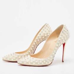 Pre Owned Christian Louboutin Cream Leather Follies Spikes Pointed Toe Pumps Size 38