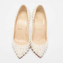 Pre Owned Christian Louboutin Cream Leather Follies Spikes Pointed Toe Pumps Size 38