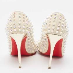 Pre Owned Christian Louboutin Cream Leather Follies Spikes Pointed Toe Pumps Size 38