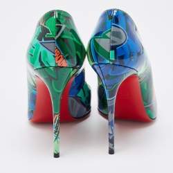 Pre Owned Christian Louboutin Green/Blue Printed Patent Leather Pigalle Follies Pumps Size 37.5