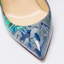 Pre Owned Christian Louboutin Green/Blue Printed Patent Leather Pigalle Follies Pumps Size 37.5
