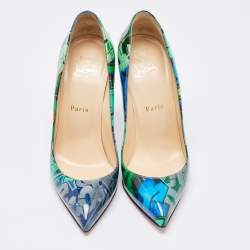 Pre Owned Christian Louboutin Green/Blue Printed Patent Leather Pigalle Follies Pumps Size 37.5