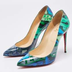 Pre Owned Christian Louboutin Green/Blue Printed Patent Leather Pigalle Follies Pumps Size 37.5