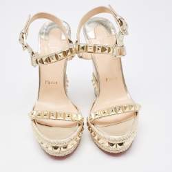 Pre Owned Christian Louboutin Gold Leather Cataclou Wedge Sandals Size 37