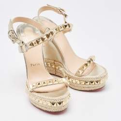 Pre Owned Christian Louboutin Gold Leather Cataclou Wedge Sandals Size 37