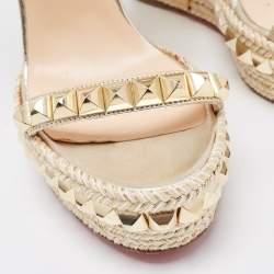 Pre Owned Christian Louboutin Gold Leather Cataclou Wedge Sandals Size 37