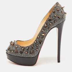 Christian Louboutin Metallic Crystal Embellished Leather Lady Peep Spikes Pumps Size 37.5